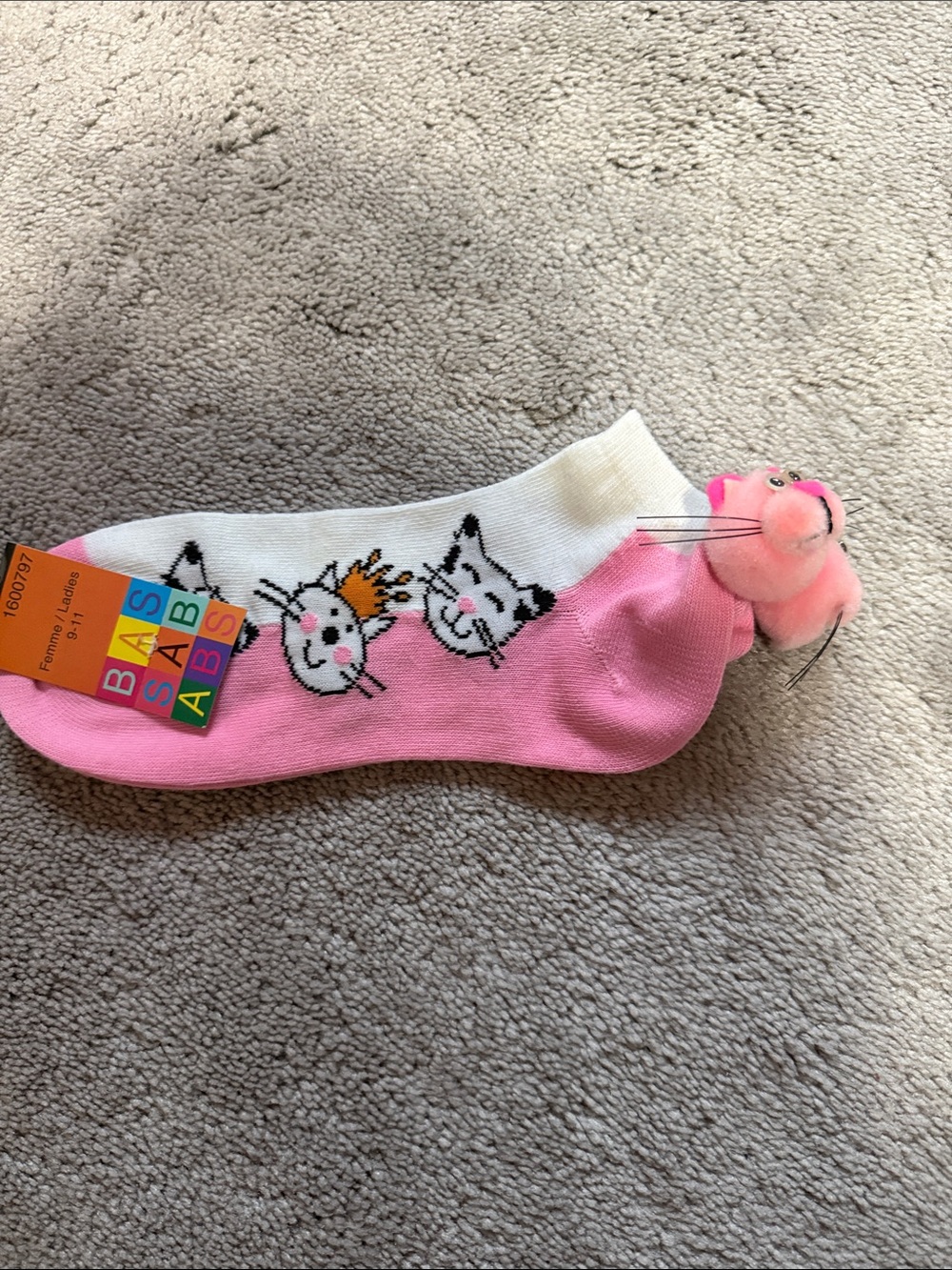 Cat & Jack Pink and White Ankle Socks with Cat Faces and Pom-Pom Accent